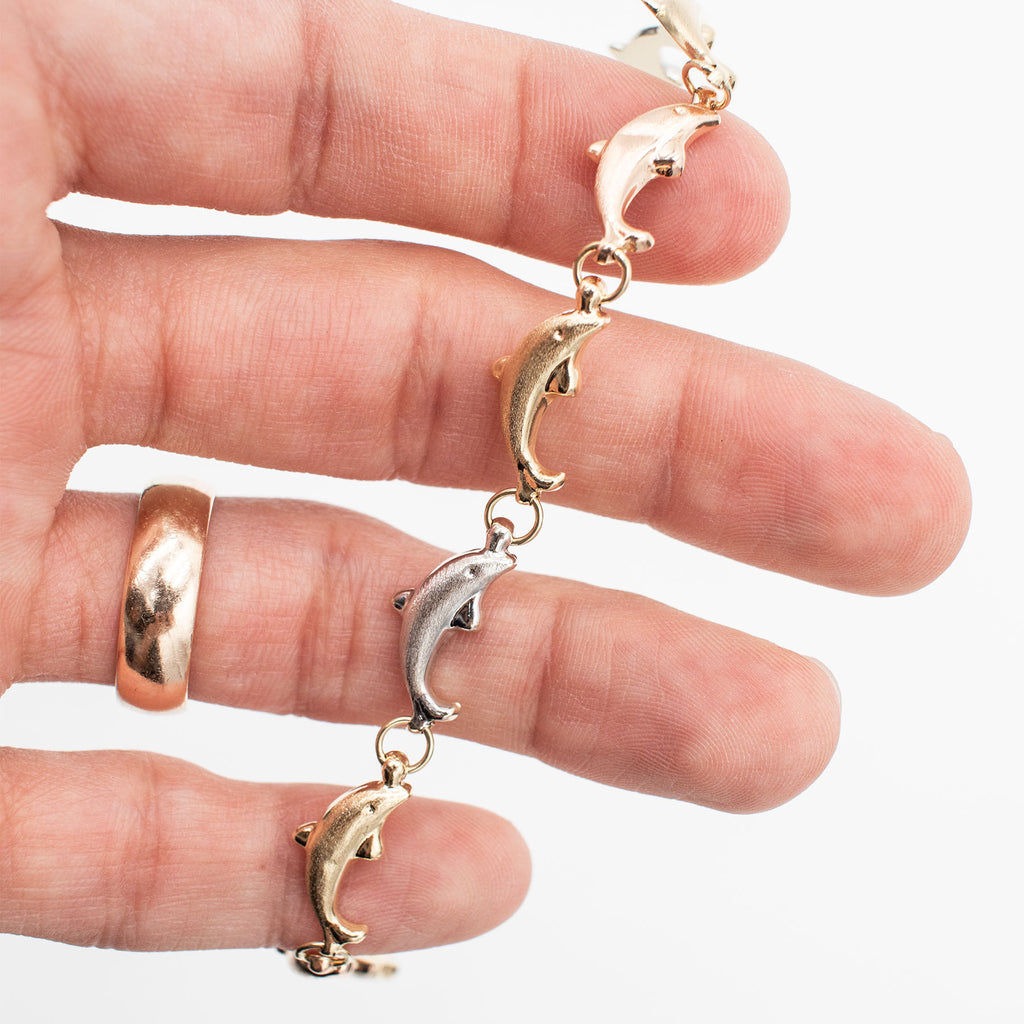 14k Tri Tone Dolphin Link Bracelet
