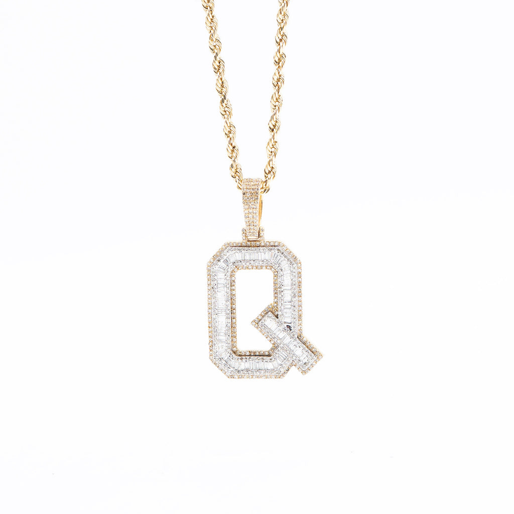14k Yellow Gold Round & Baguette Diamond "Q" Initial Pendant Necklace