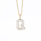 14k Yellow Gold Round & Baguette Diamond "Q" Initial Pendant Necklace