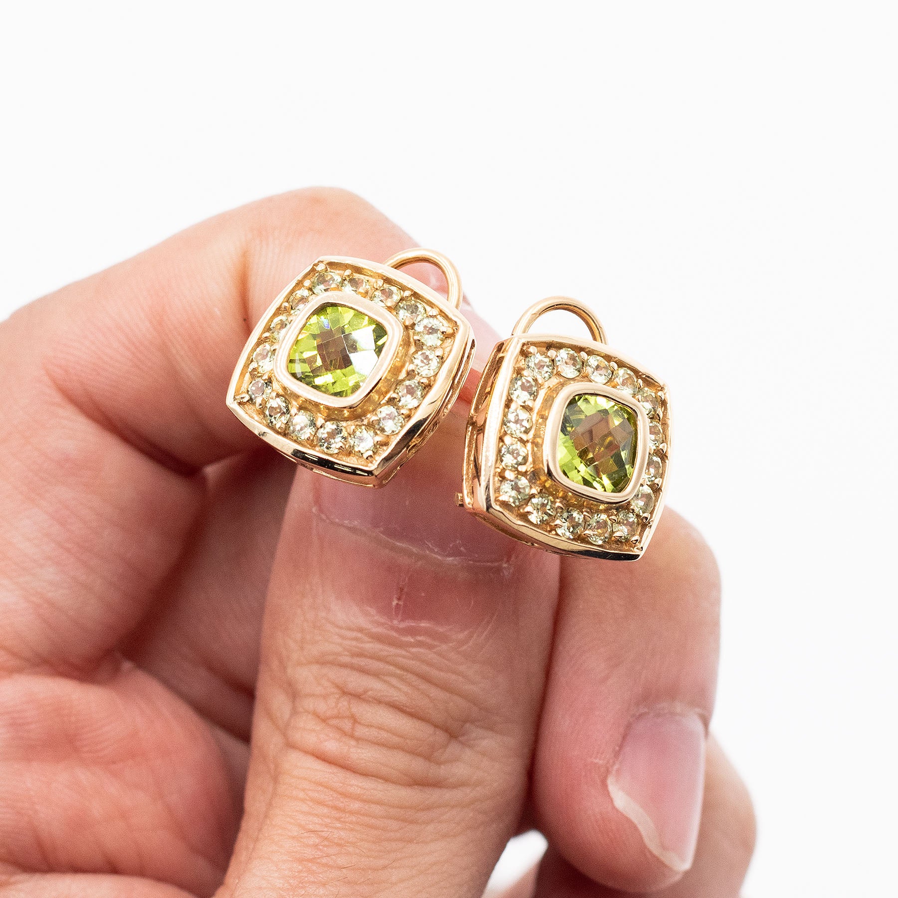 14k Yellow Gold Green Gemstone Omega Earrings