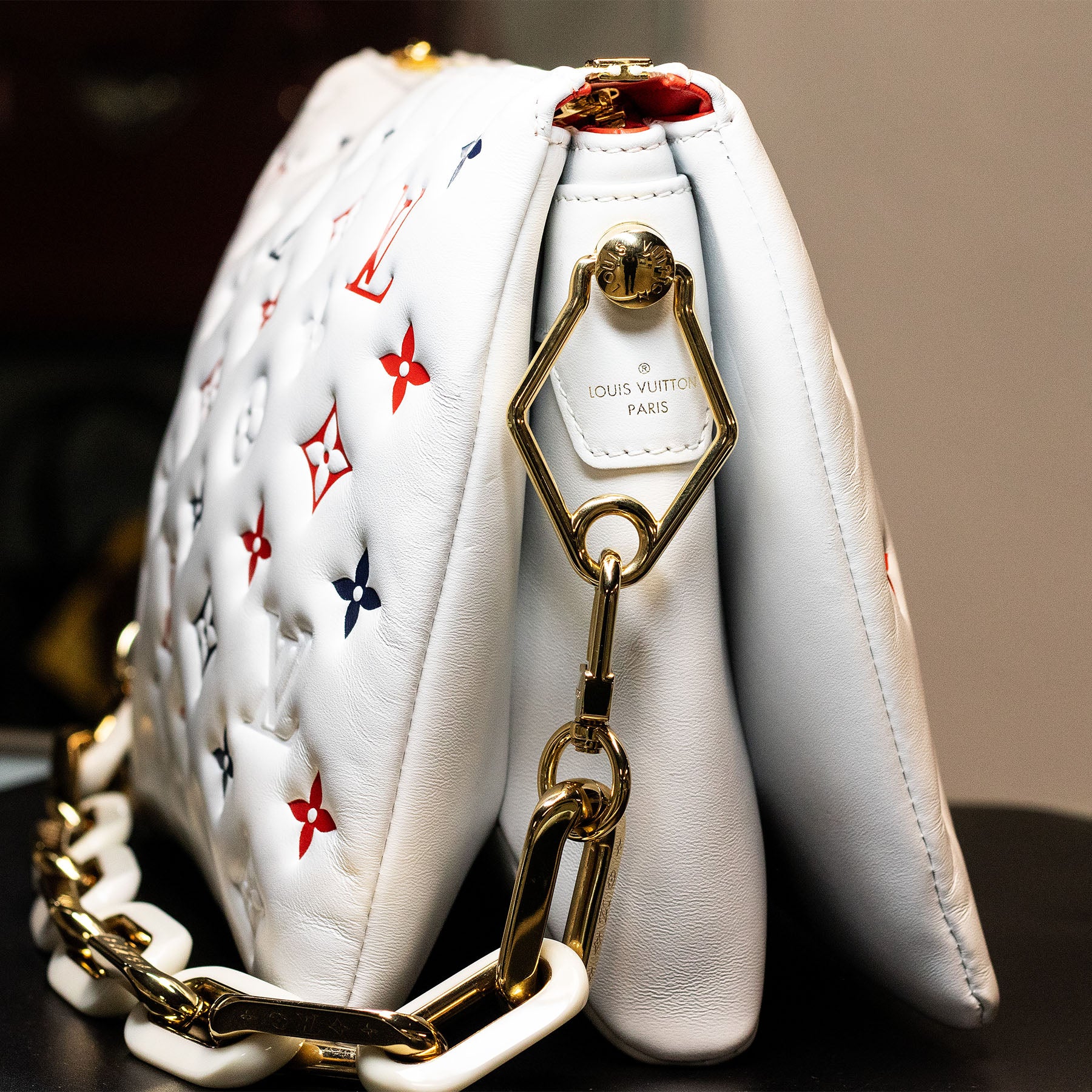 LOUIS VUITTON Monogram Embossed Coussin PM White Handbag