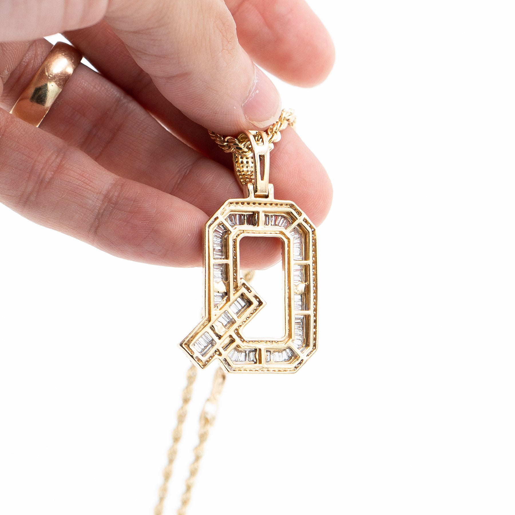 14k Yellow Gold Round & Baguette Diamond "Q" Initial Pendant Necklace