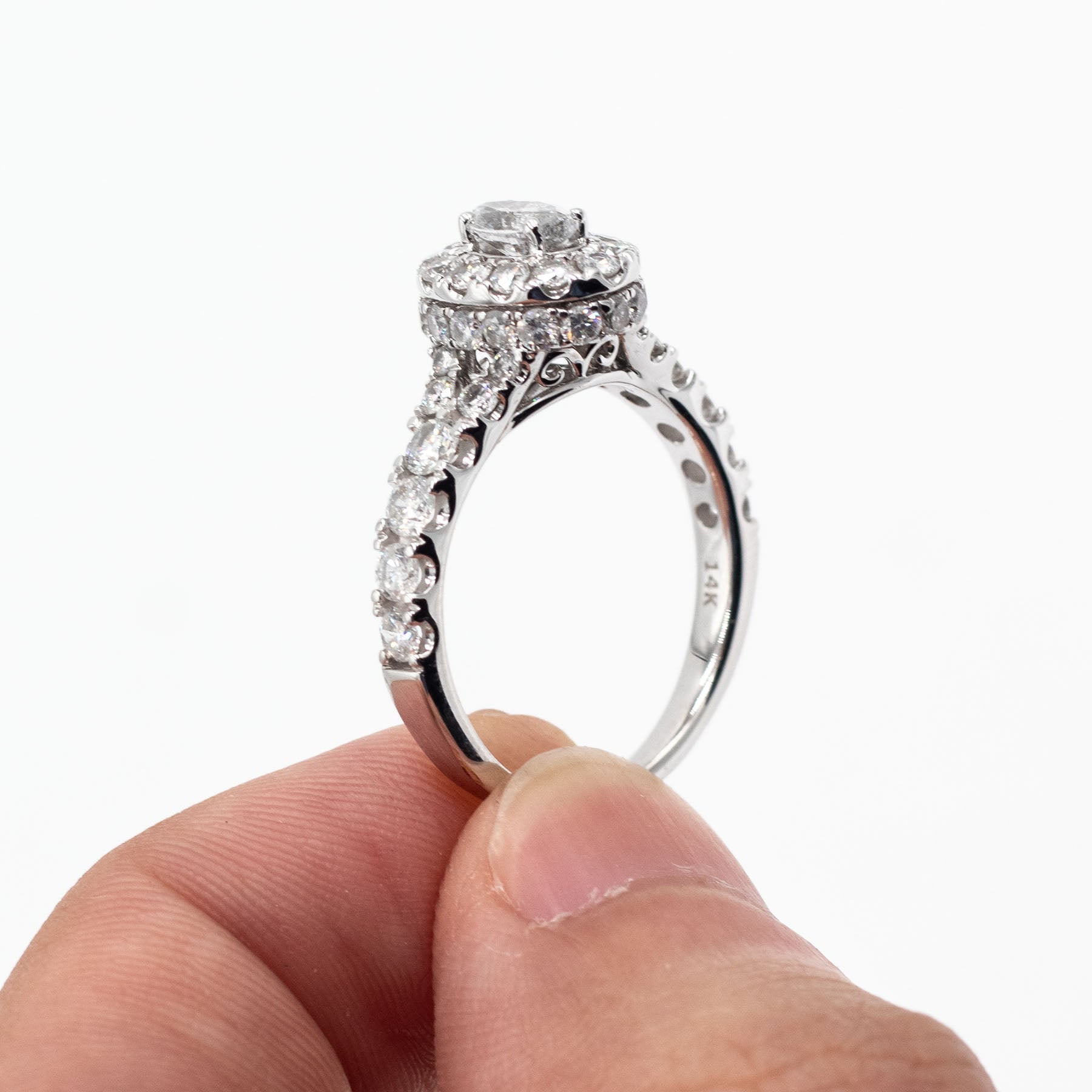 14k White Gold Round Diamond Halo Engagement Ring & Band Set