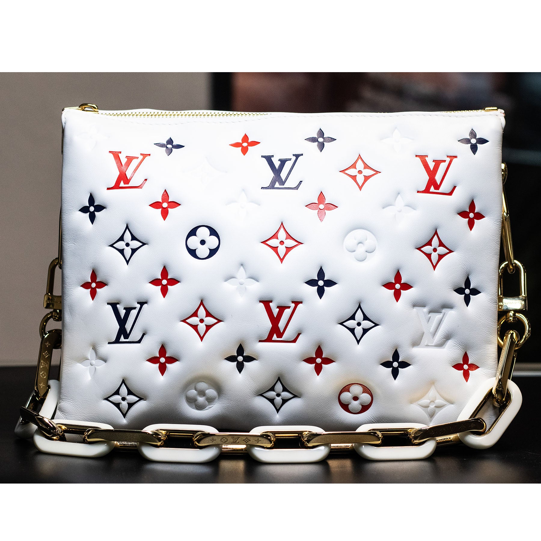 LOUIS VUITTON Monogram Embossed Coussin PM White Handbag