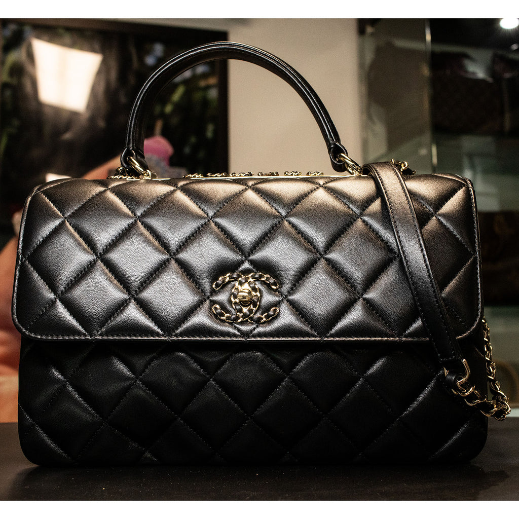 Chanel Trendy CC Top Handle Gold Hardware Quilted Black Leather Handbag