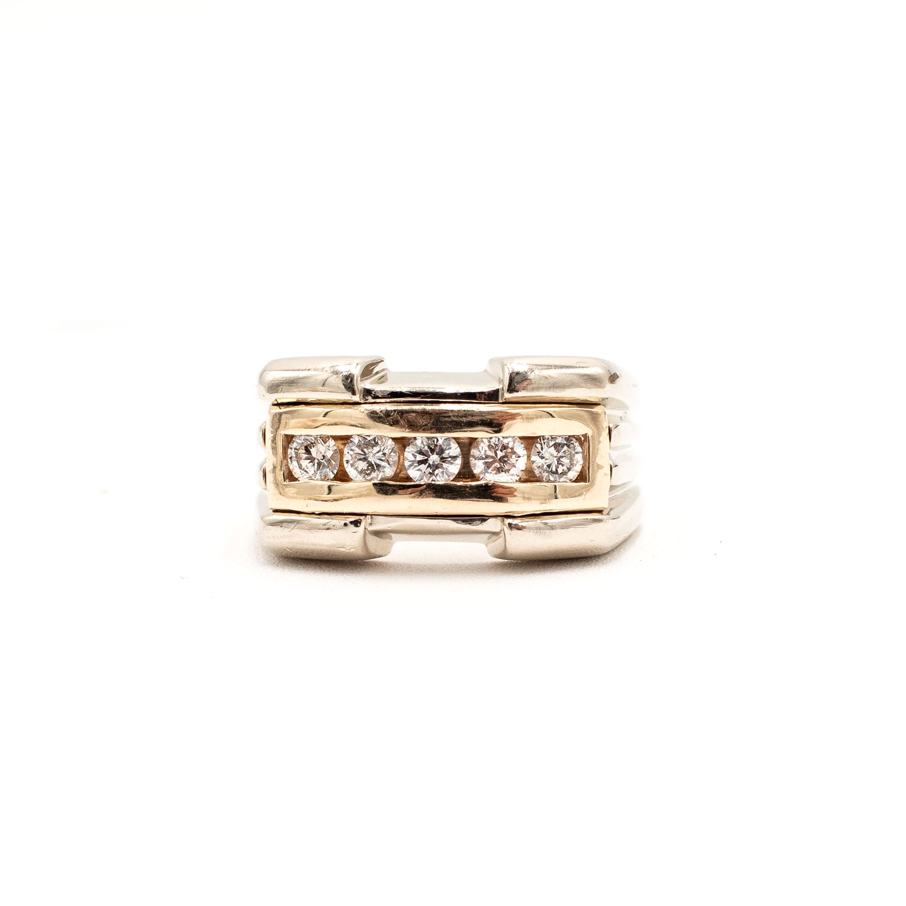 14k Two Tone Gold Round Diamond Chanel Set Mens Ring