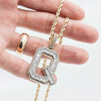 14k Yellow Gold Round & Baguette Diamond "Q" Initial Pendant Necklace