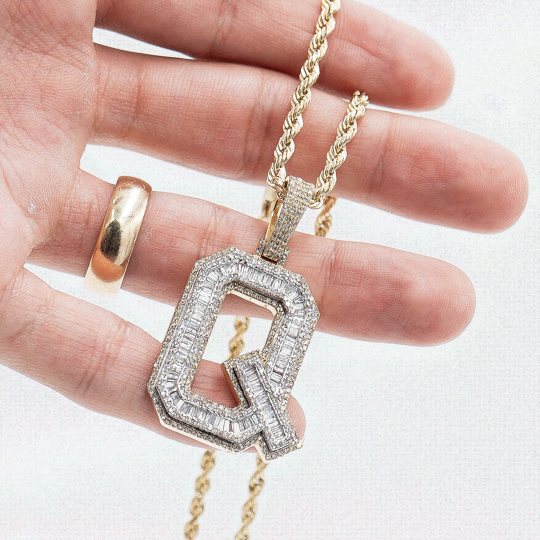 14k Yellow Gold Round & Baguette Diamond "Q" Initial Pendant Necklace