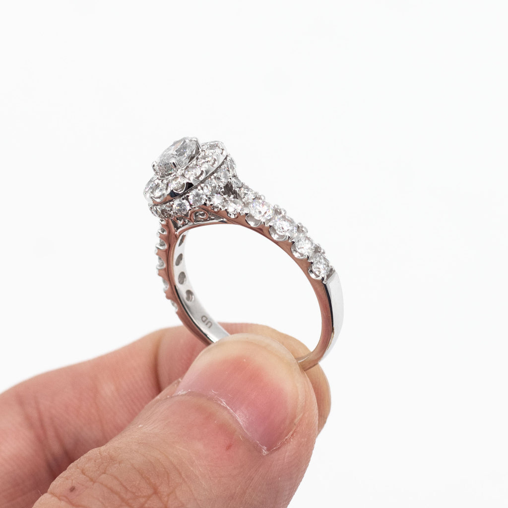 14k White Gold Round Diamond Halo Engagement Ring & Band Set