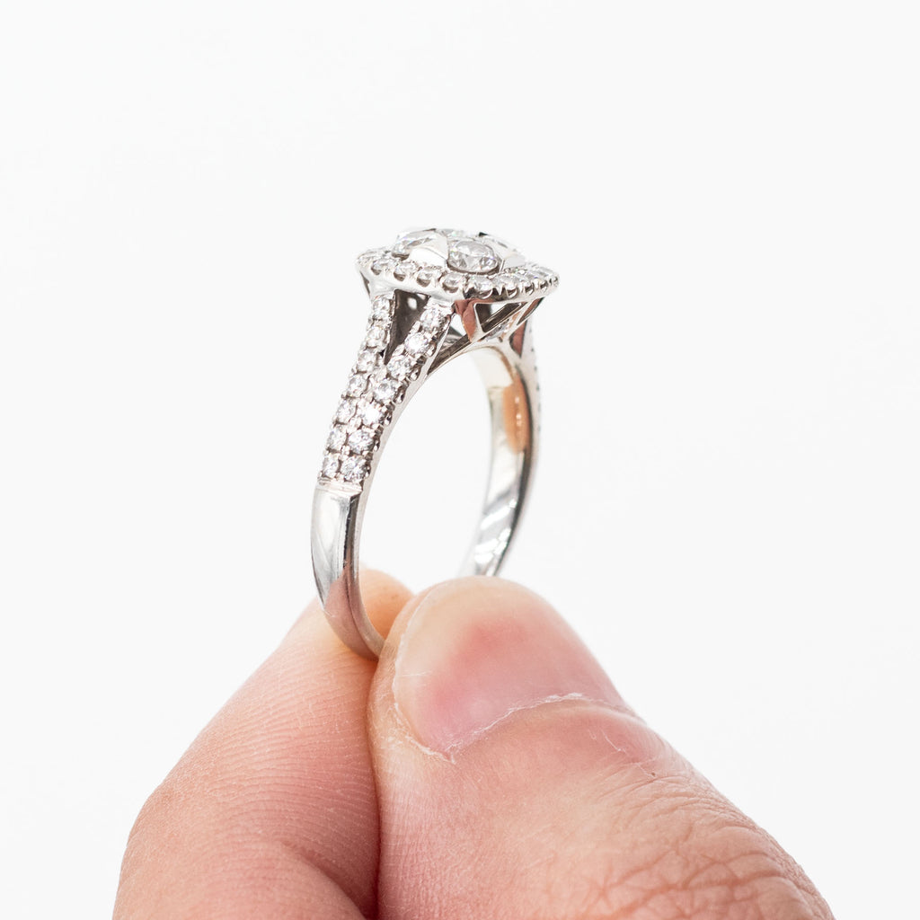 14k White Gold Round Pave Diamond Halo Ring