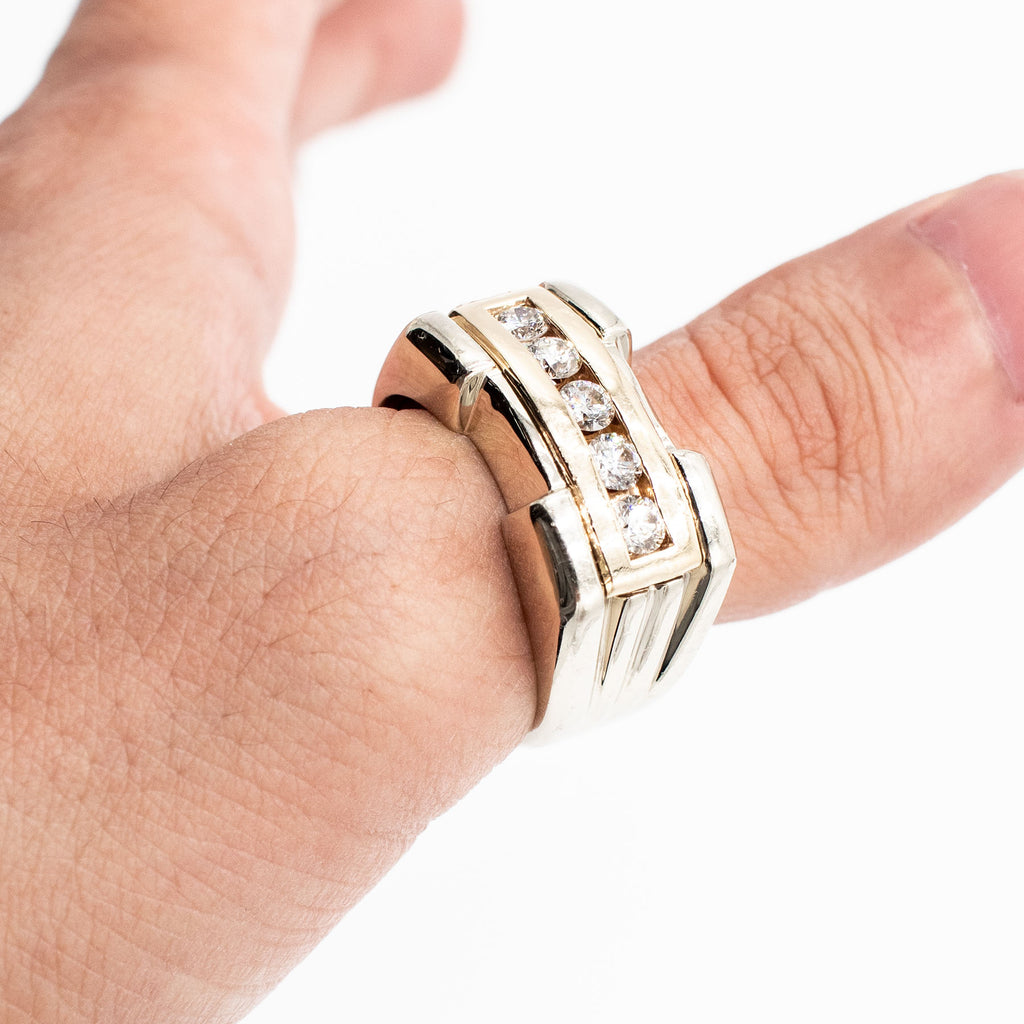 14k Two Tone Gold Round Diamond Chanel Set Mens Ring