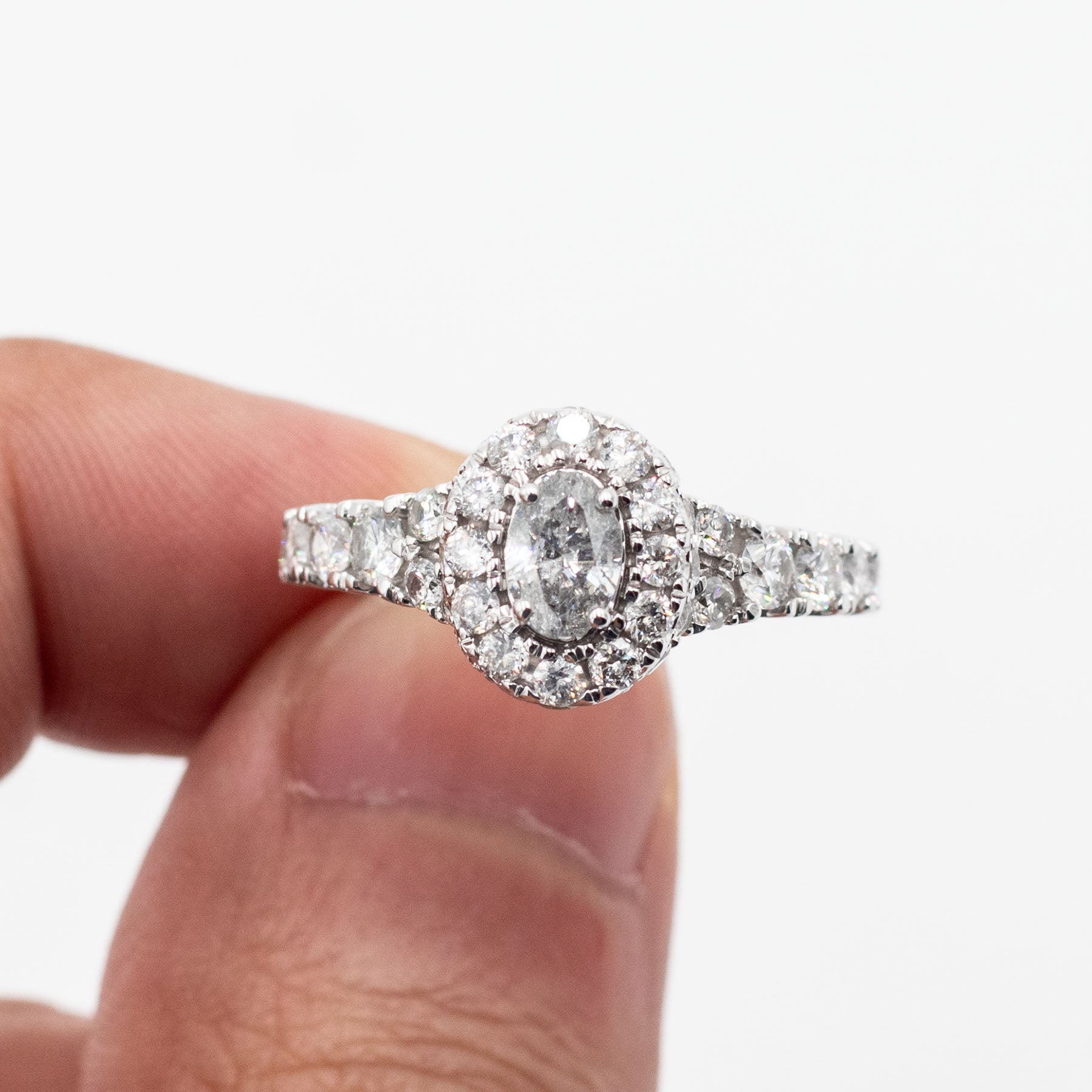 14k White Gold Round Diamond Halo Engagement Ring & Band Set