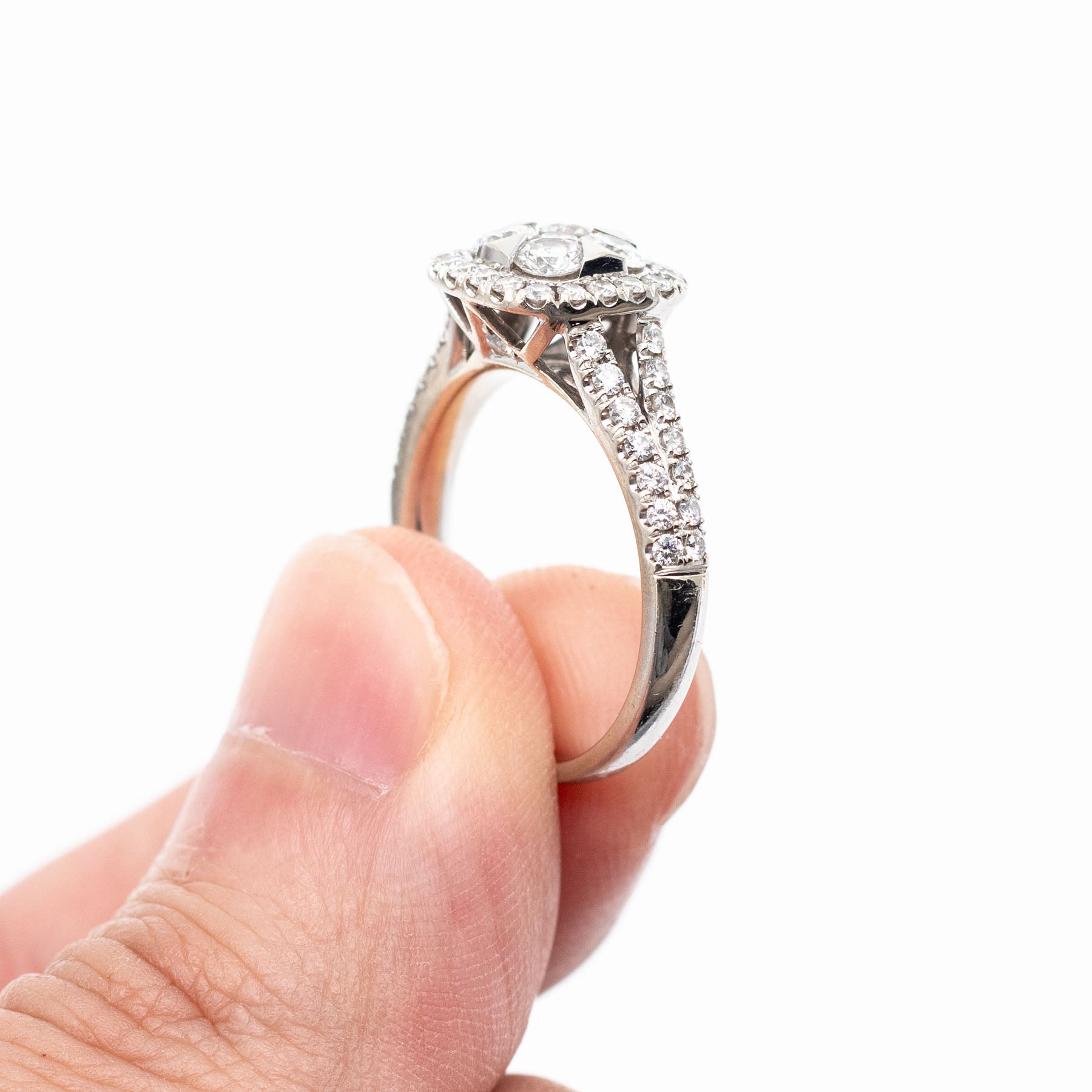 14k White Gold Round Pave Diamond Halo Ring