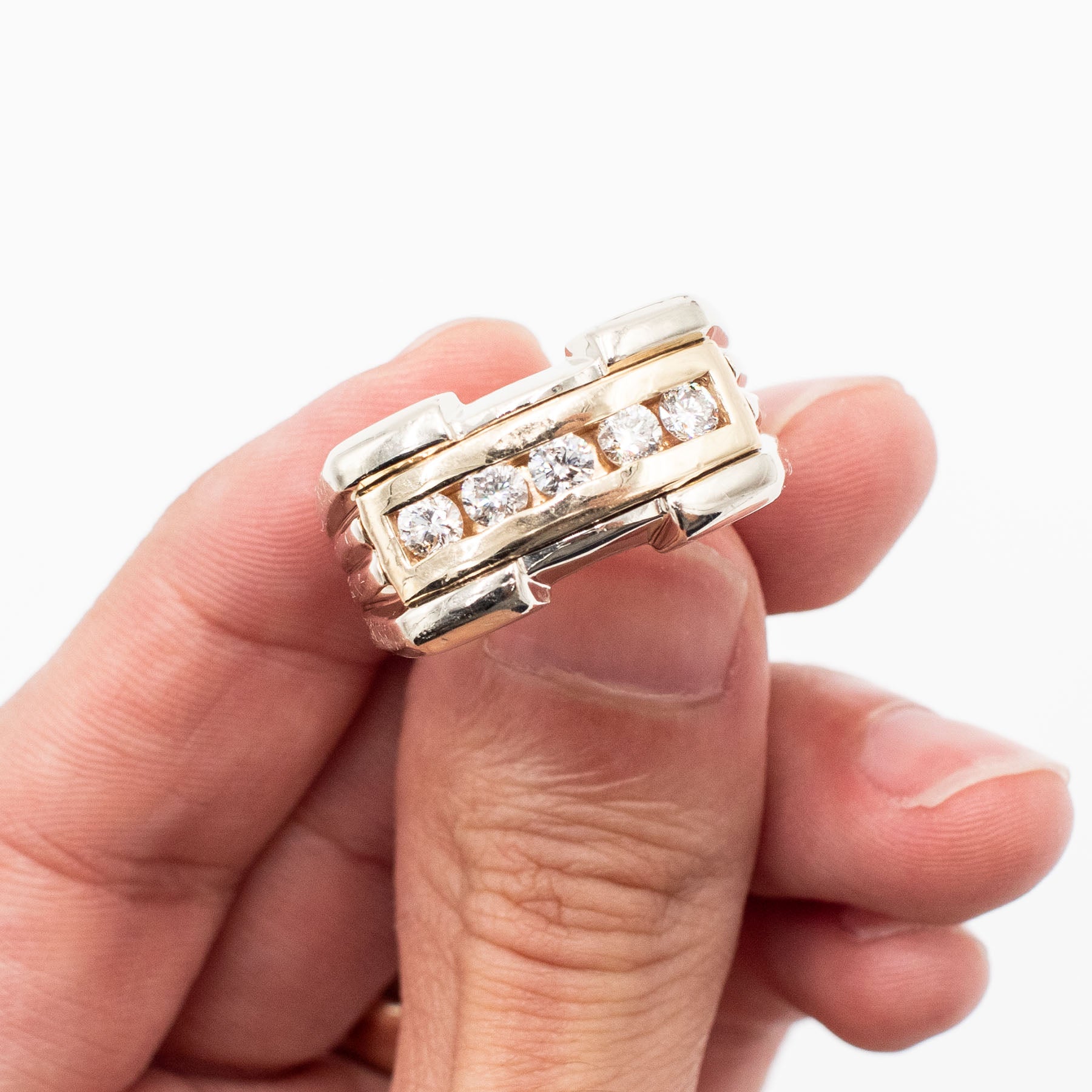 14k Two Tone Gold Round Diamond Chanel Set Mens Ring