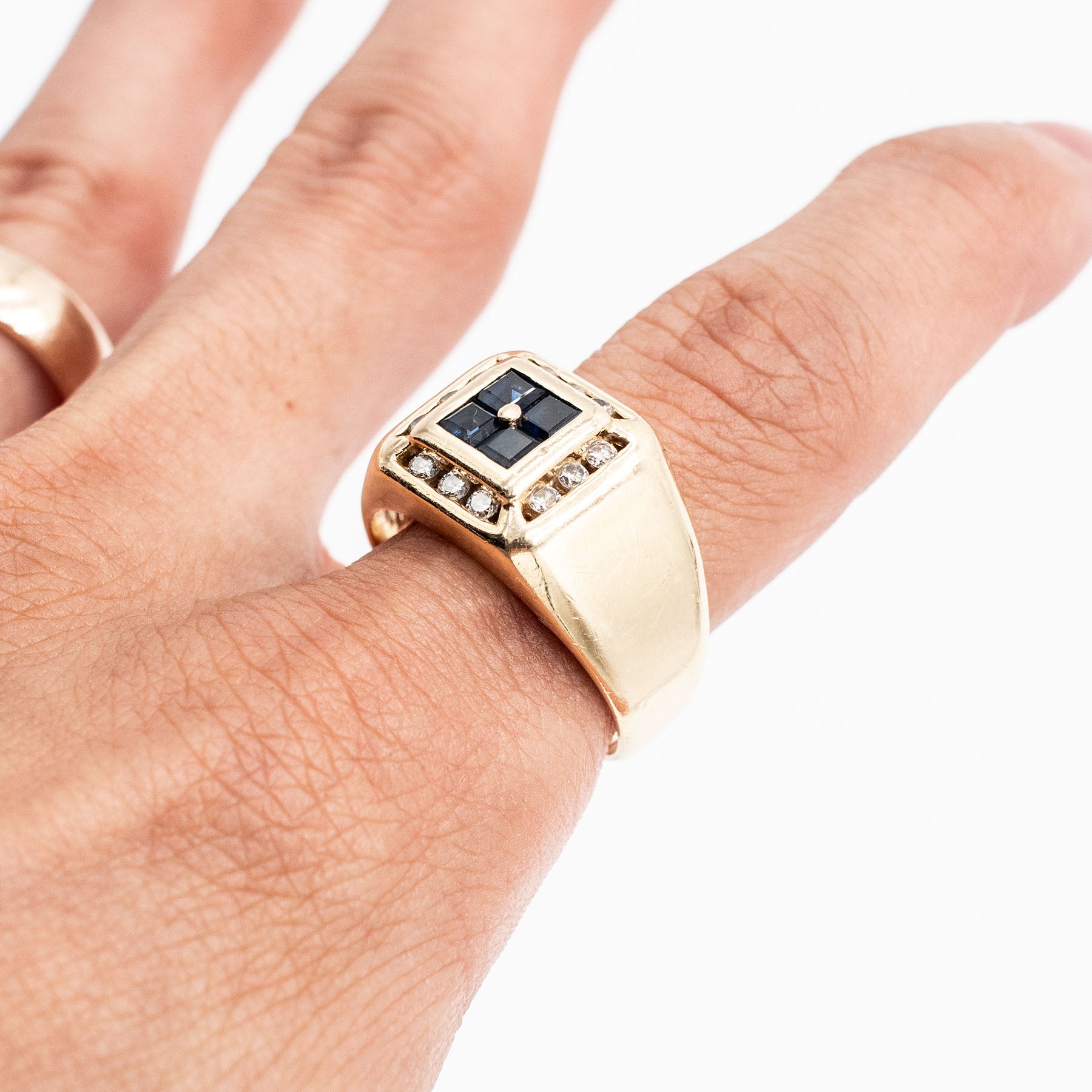 14k Yellow Gold Sapphire & Diamond Bezel Set Wide Mens Ring