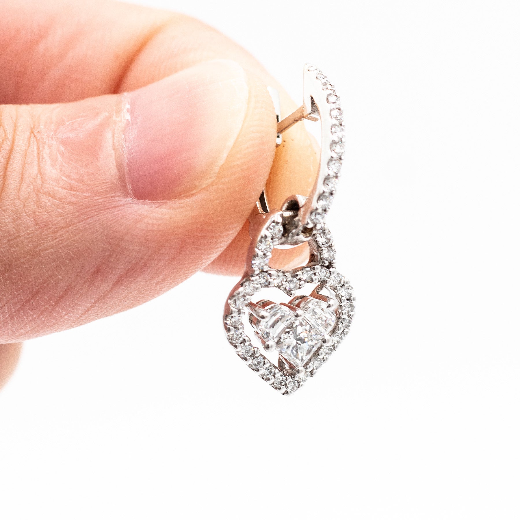 14k White Gold Diamond Halo Dangle Heart Earrings