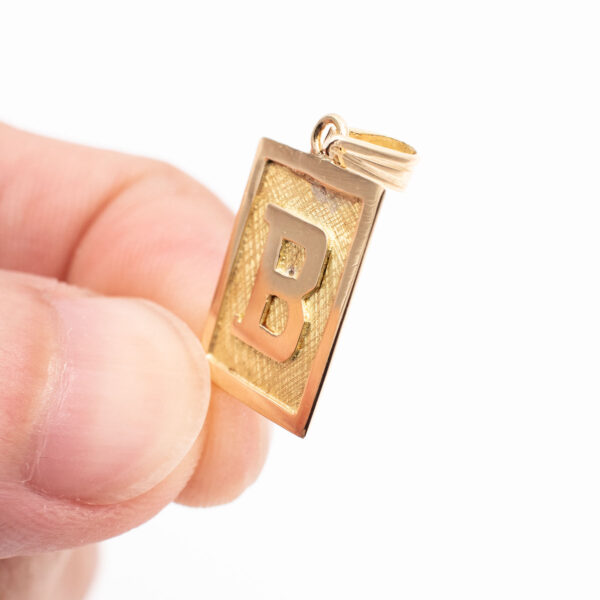 18k Yellow Gold Rectangle "B" Initial Pendant - Image 4