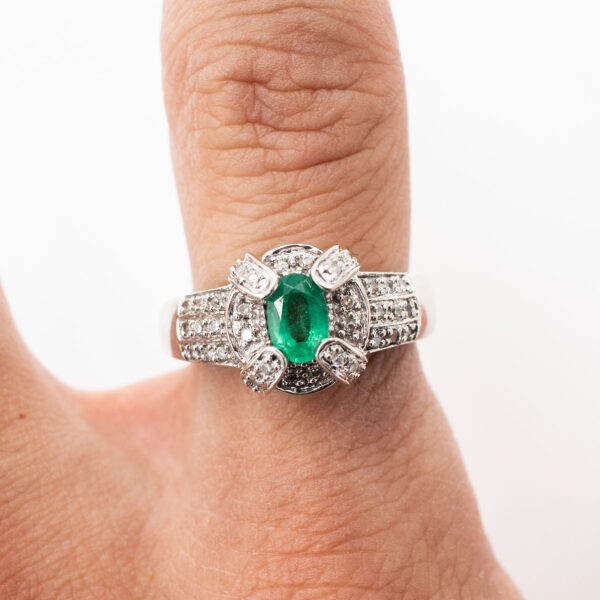 14k White Gold Oval Gemstone & Diamond Pave Ring - Image 7