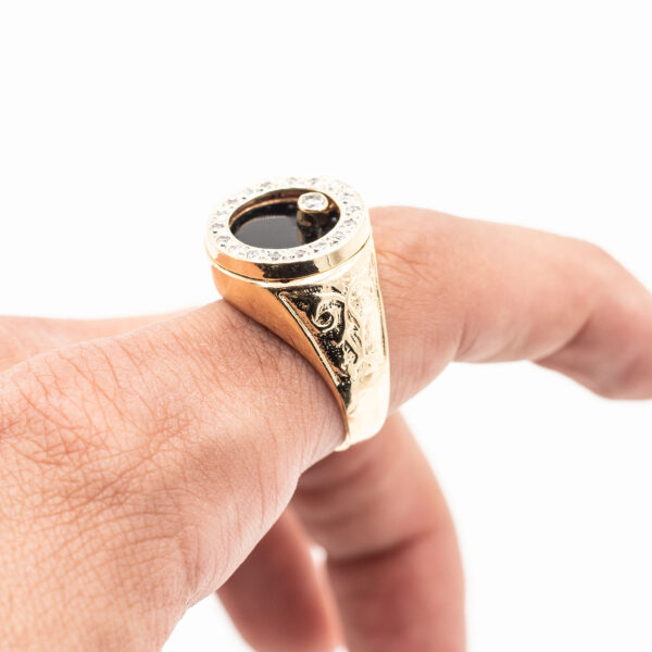 14k Yellow Gold Onyx Round Rotating Diamond Ring - Image 6