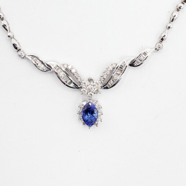 18k White Gold Diamond Graduating Blue Gemstone V Dangle Necklace - Image 6
