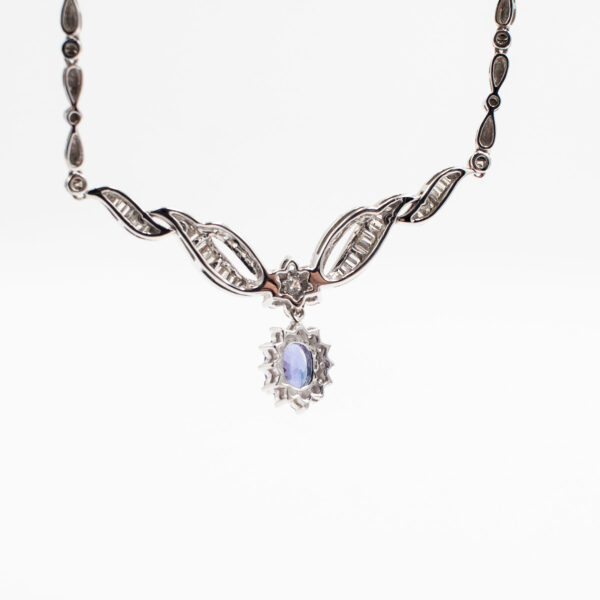 18k White Gold Diamond Graduating Blue Gemstone V Dangle Necklace - Image 5