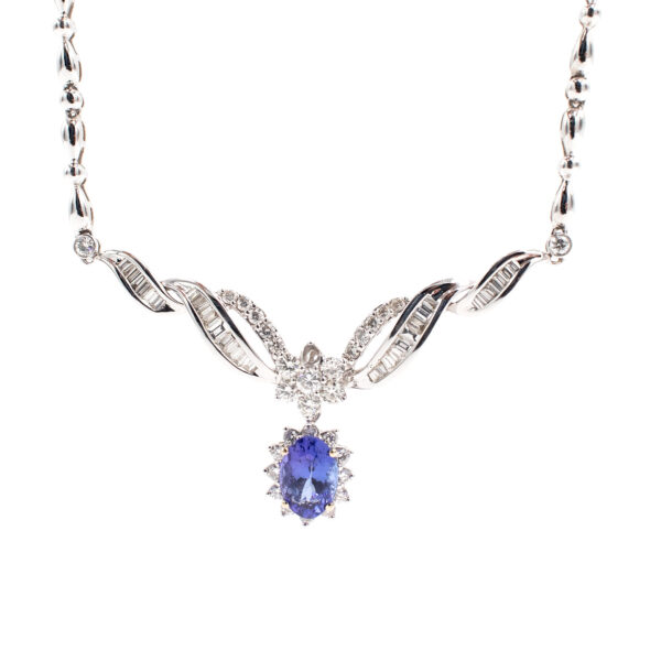 18k White Gold Diamond Graduating Blue Gemstone V Dangle Necklace - Image 2