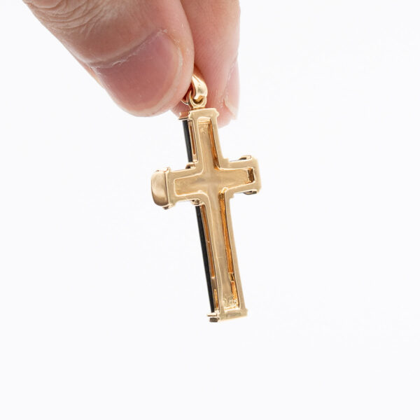 18k Yellow Gold Black Inlay Carbon Style Cross Pendant - Image 6