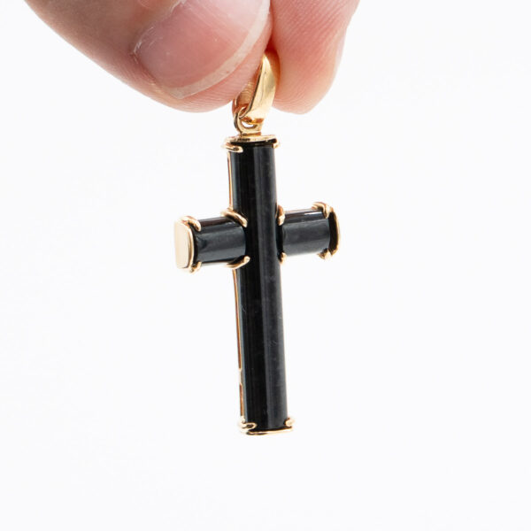 18k Yellow Gold Black Inlay Carbon Style Cross Pendant - Image 5