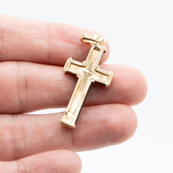 18k Yellow Gold Black Inlay Carbon Style Cross Pendant - Image 3