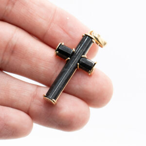 18k Yellow Gold Black Inlay Carbon Style Cross Pendant